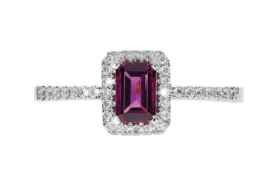 Amarone diamantring i hvitt 585 gull W/SI totalt 0,18 ct. med smaragdslipt rhodolitt granat 6x4 mm