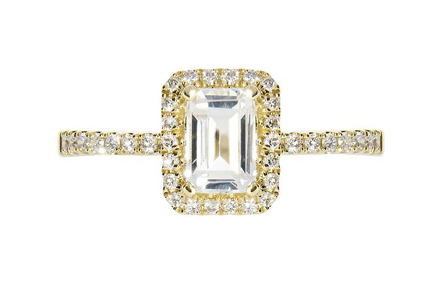 Harmony diamantring i gult 585 gull W/SI totalt 0,18 ct. med smaragdslipt hvit topas 0,70 ct