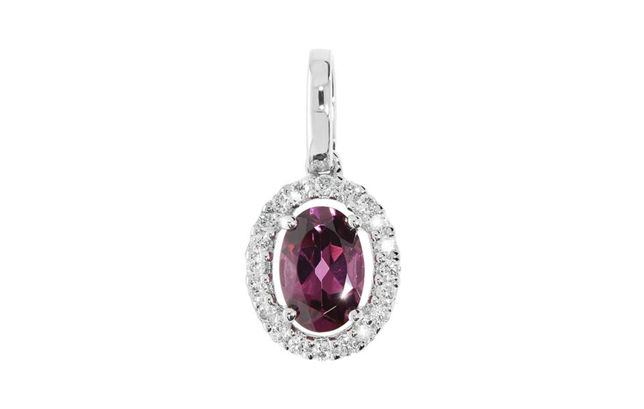 Paloma anheng i hvitt 585 gull med diamanter W/SI 0,08 ct. med oval fasettert rhodolitt 6x4 mm ca 0,60 ct.