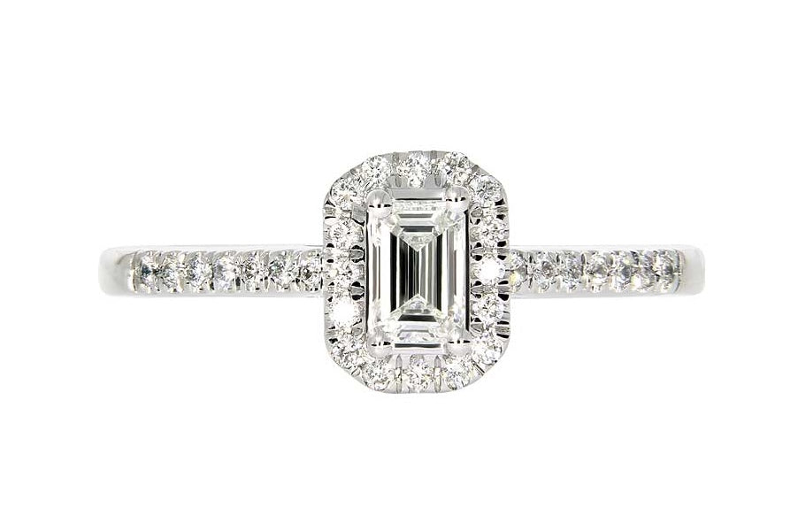 Promise diamantring i hvitt 585 gull TW/SI totalt 0,50 ct. (Smaragdslipt senter diamant TW/VS 0,33 ct.)
