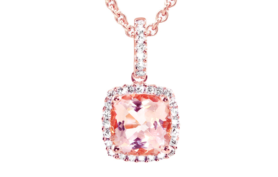 Amarant anheng i rosé 585 gull med diamanter W/SI totalt 0,15 ct. og puteslipt morganitt ca 1,30 ct.