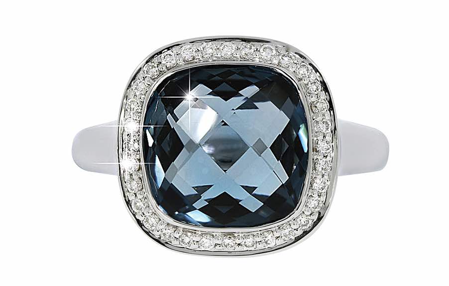 Azur diamantring i hvitt 585 gull W/SI totalt 0,19 ct. med brioletteslipt london blue topas 11 mm / ca 6 ct.