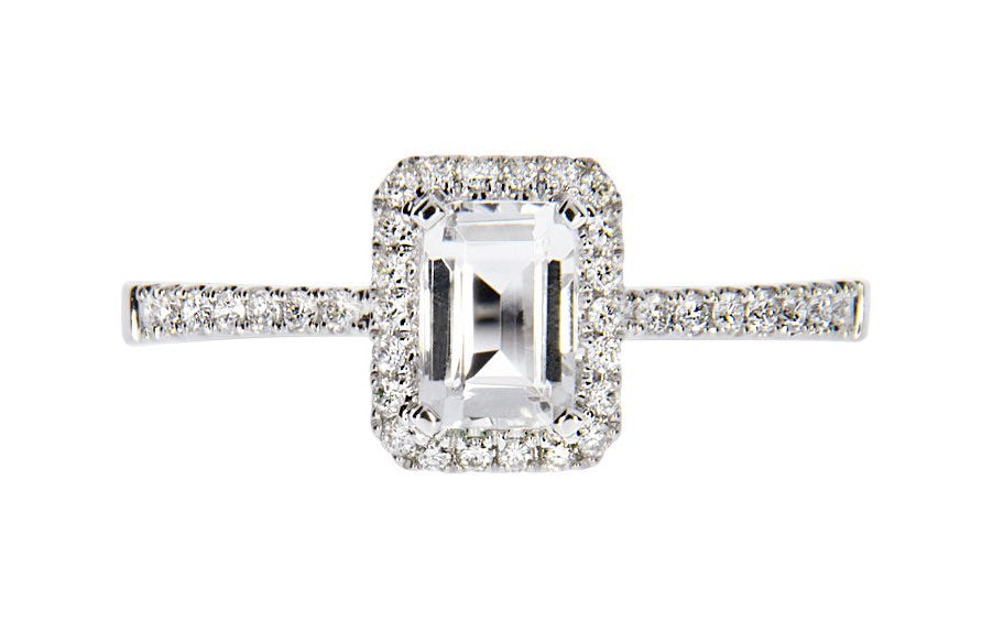 Harmony diamantring i hvitt 585 gull W/SI totalt 0,18 ct. med smaragdslipt hvit topas 0,70 ct