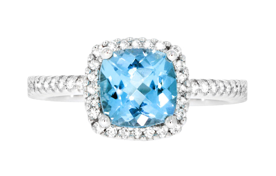 Memory diamantring i hvitt 585 gull W/SI totalt 0,23 ct. med puteslipt sky blue topas 7 mm / ca 1,8 ct.