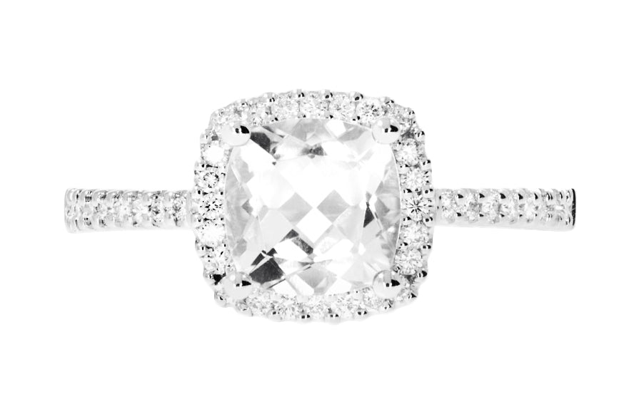 Moment diamantring i hvitt 585 gull W/SI totalt 0,23 ct. med puteslipt hvit topas 7 mm / ca 1,7 ct.