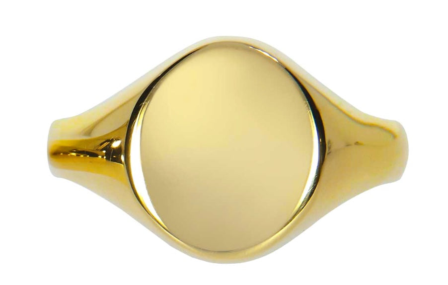 Signetring (Large) L, Oval topp: 14 x 12 mm, 16g. 750 (18k) gull, Herre. Massiv. Passer til å fatte stener og å gravere.