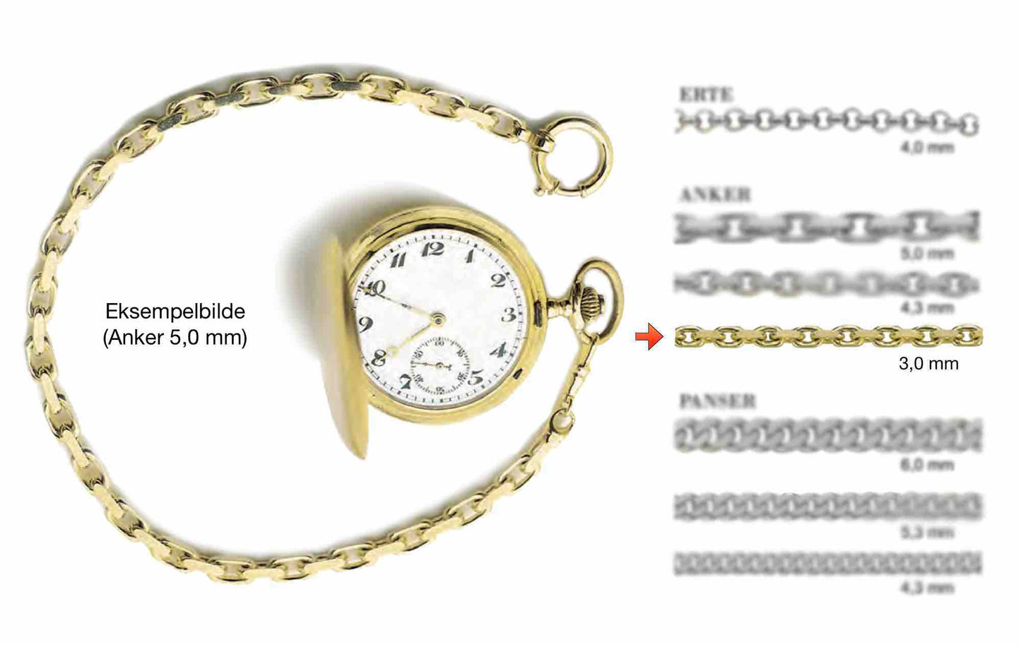 3,0 mm Anker lommeurkjede i 585 (14K) gull