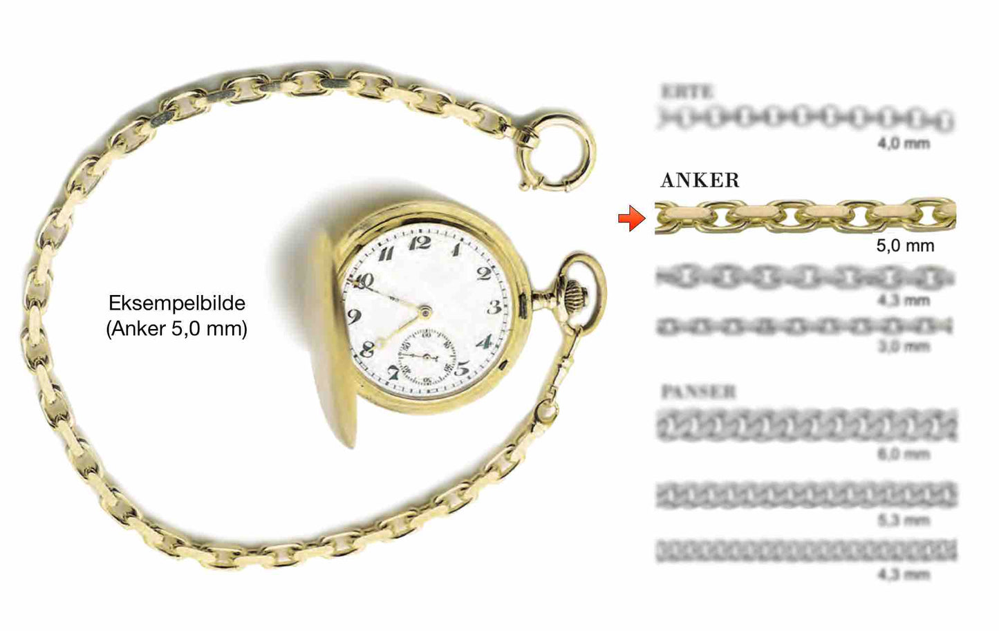 5,0 mm Anker lommeurkjede i 585 (14K) gull