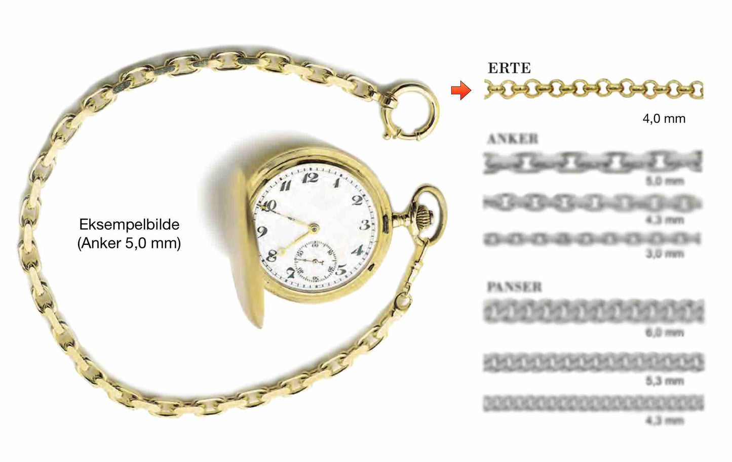 4,0 mm Erte lommeurkjede i 585 (14K) gull