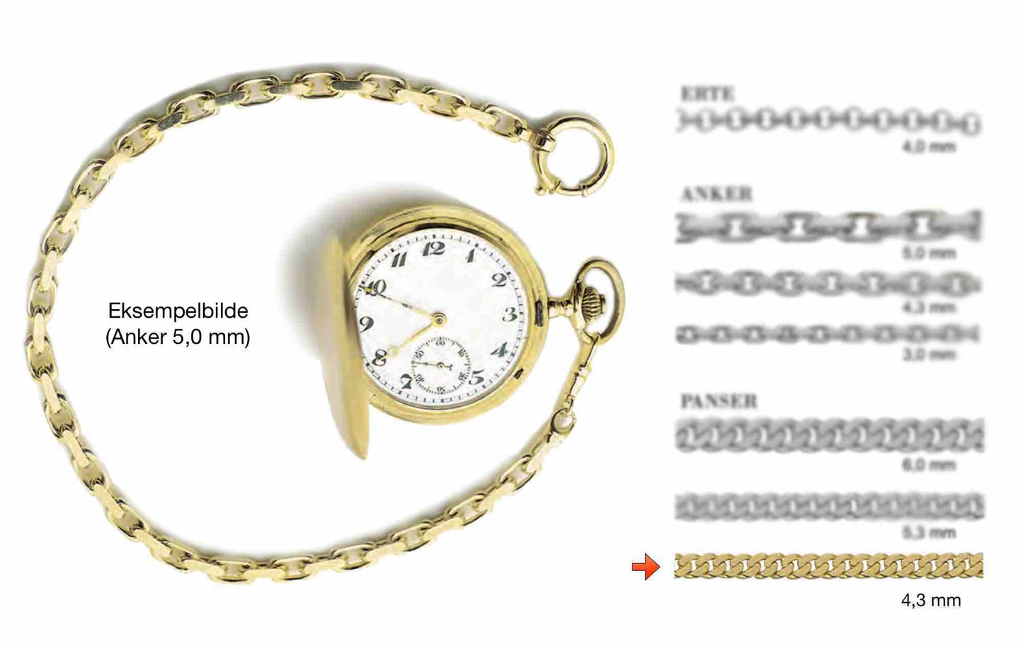 4,3 mm Panser lommeurkjede i 585 (14K) gull